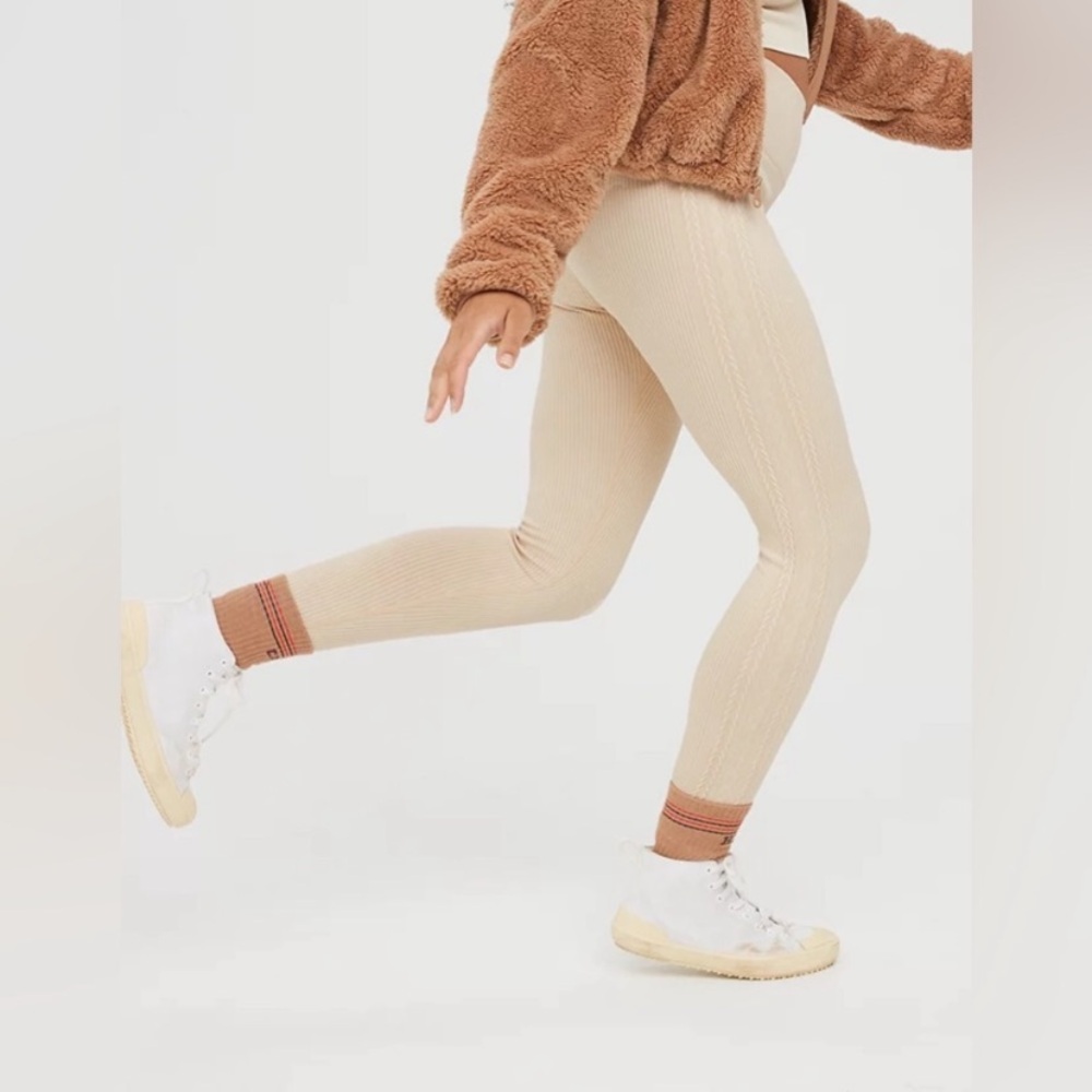 aerie Ribbed Cozy Leggings in Cream with Tan Trim